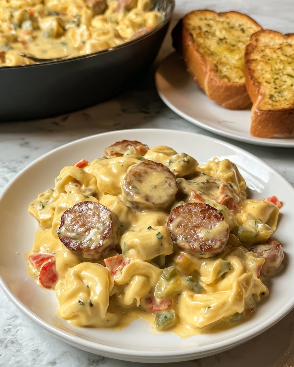 A close-up view of a serving of tortellini pasta covered in a thick creamy yellow sauce with specks of red and green vegetables. Slices of browned sausage with a slightly crispy texture are mixed throughout the pasta. The pasta is placed on a simple white plate in the lower center of the image. In the background to the left, a black pan filled with more of the creamy tortellini is partially visible. To the right and slightly behind, two slices of garlic bread with a golden-brown crust sit on a white plate. All items are on a white marbled textured surface. photo taken with an iphone --ar 4:5 --v 7
