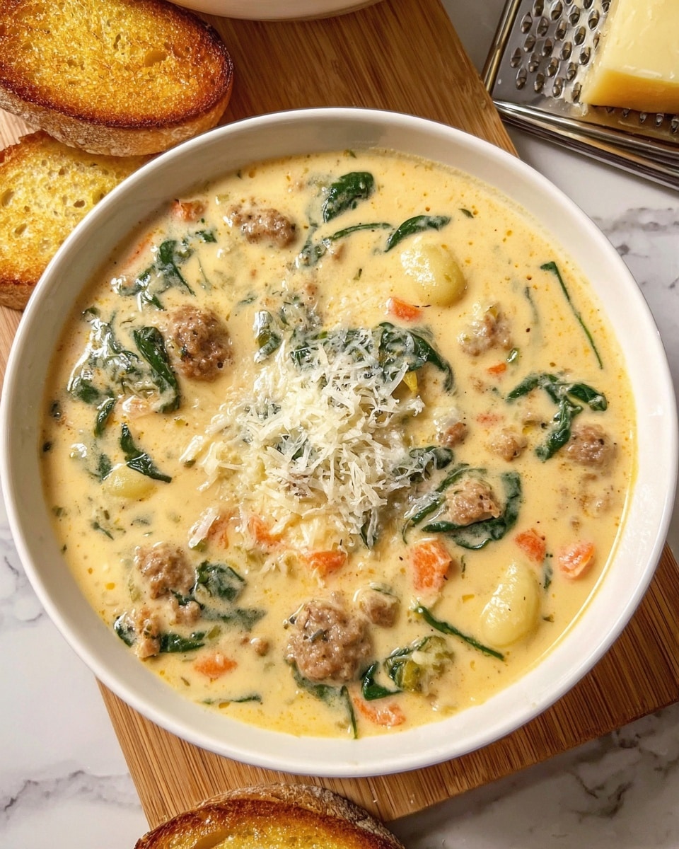 A white bowl filled with creamy sausage and spinach soup, showing visible small sausage pieces, green spinach leaves, orange carrot slices, and soft gnocchi, all mixed in a thick pale yellow creamy broth, topped with a light pile of finely grated Parmesan cheese at the center; next to the bowl on a wooden board are two pieces of toasted bread with a golden-brown crust; the top right corner shows a metal grater with a block of cheese resting on it, all set on a white marbled surface photo taken with an iphone --ar 4:5 --v 7