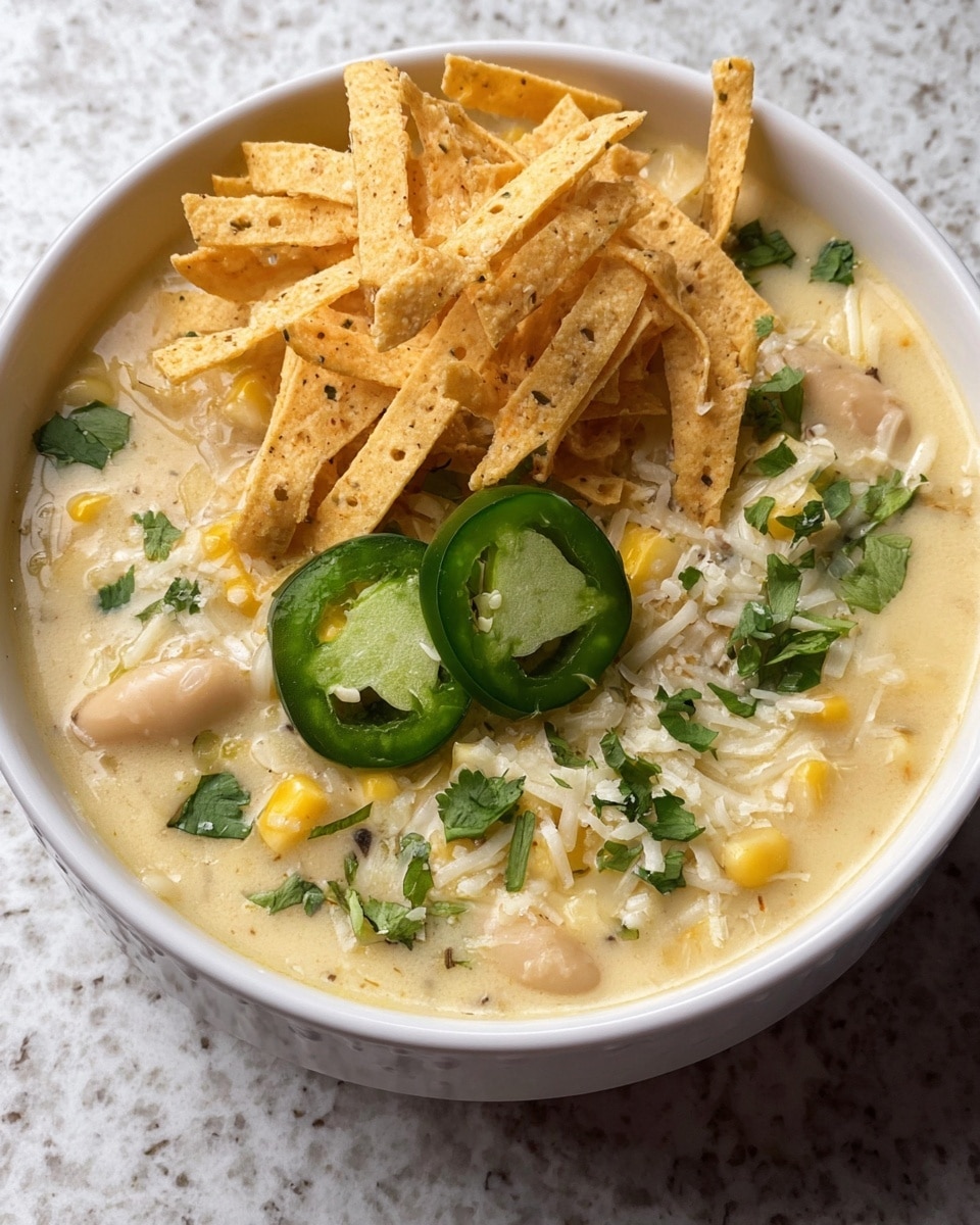 A white bowl filled with creamy, thick soup that has a pale yellow color with visible pieces of corn and white beans inside. On the top layer, there is a generous pile of crunchy tortilla strips that are light golden yellow with small holes. There are two slices of fresh green jalapeño pepper sitting in the middle, showing their seeds and vibrant green color. Scattered around the peppers and on the soup are small pieces of fresh green cilantro leaves and a light sprinkling of shredded white cheese. The bowl is set on a white marbled surface. Photo taken with an iphone --ar 4:5 --v 7