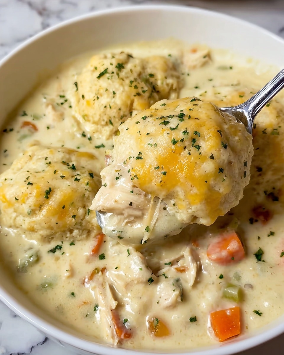 A close-up view of a white bowl filled with creamy chicken and biscuit stew, showing three round, light golden biscuit lumps floating on top, sprinkled with green herbs. The thick light beige sauce contains small chunks of tender chicken, diced orange carrots, and pale celery pieces. A spoonful is lifted in the foreground, holding one biscuit topped with melted cheese, along with bits of chicken and vegetables coated in the creamy sauce. The background is a white marbled surface. Photo taken with an iphone --ar 4:5 --v 7