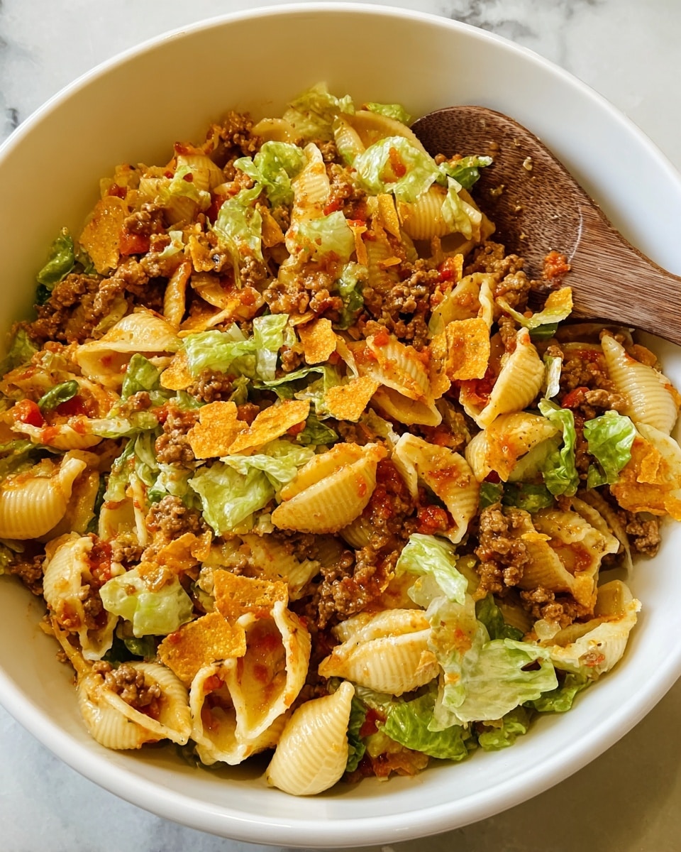 A white bowl filled with a colorful pasta salad, showing three main layers: the bottom layer with white shell pasta, the middle layer with pieces of green lettuce mixed in, and the top layer with broken orange chips scattered throughout. There are bits of red diced tomatoes and small brown pieces of cooked meat mixed in evenly across the dish. The textures vary from soft pasta and lettuce to crunchy chips. A wooden spoon is partially visible in the bowl, resting on the side. The bowl sits on a white marbled surface. photo taken with an iphone --ar 4:5 --v 7