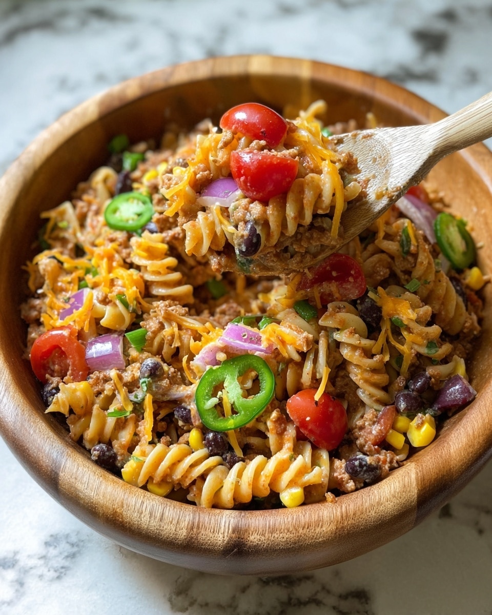 A large wooden bowl filled with a pasta salad made of spiral rotini pasta mixed with finely chopped black beans, corn, small pieces of red onion, and a creamy light orange dressing. On top, halved and whole bright red cherry tomatoes, sliced green jalapeños, and chopped green onions are scattered evenly across the dish. The bowl is placed on a white marbled surface. Photo taken with an iphone --ar 4:5 --v 7