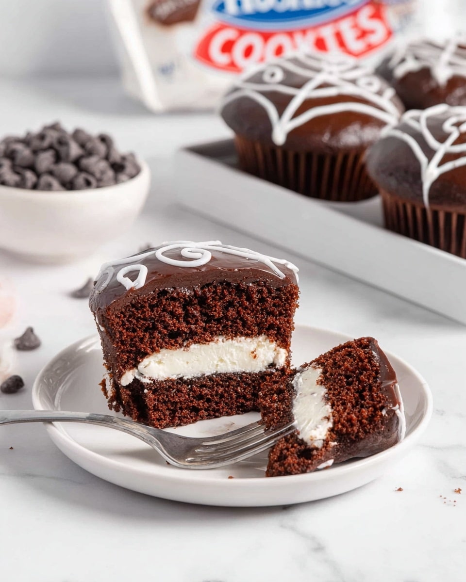A white plate holds a chocolate cupcake cut in half, showing two layers of moist, dark brown cake with a thick, creamy white filling between them. The top has a smooth, glossy chocolate glaze with white icing decoration in a swirl pattern. A fork next to the cupcake has a small piece of the cake on it, showing the soft texture and cream filling. In the background, more cupcake halves are arranged on a white tray, and behind them is a white bowl filled with chocolate chips. The scene is set on a white marbled surface. photo taken with an iphone --ar 4:5 --v 7