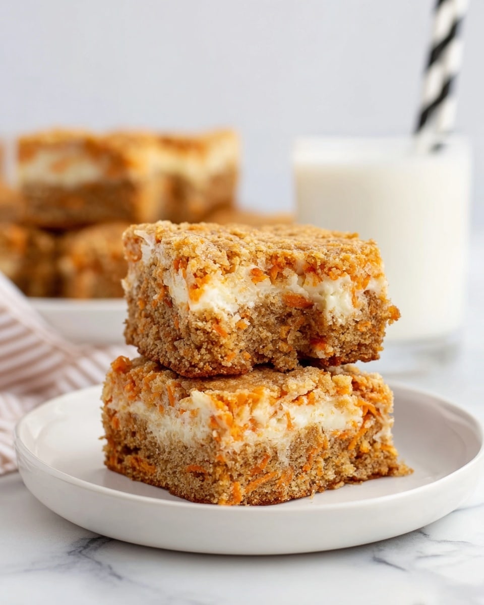 Two carrot cake squares are stacked on a white plate with a white marbled surface underneath. Each square has a light brown crumbly texture with visible orange bits of carrot and a creamy white layer of frosting or cheese swirl running through the middle. The top square is slightly bitten on one corner, showing the soft inside with a mix of the cake and creamy center. In the blurry background, there is a stack of more cake squares and a glass of milk with a black and white straw. photo taken with an iphone --ar 4:5 --v 7