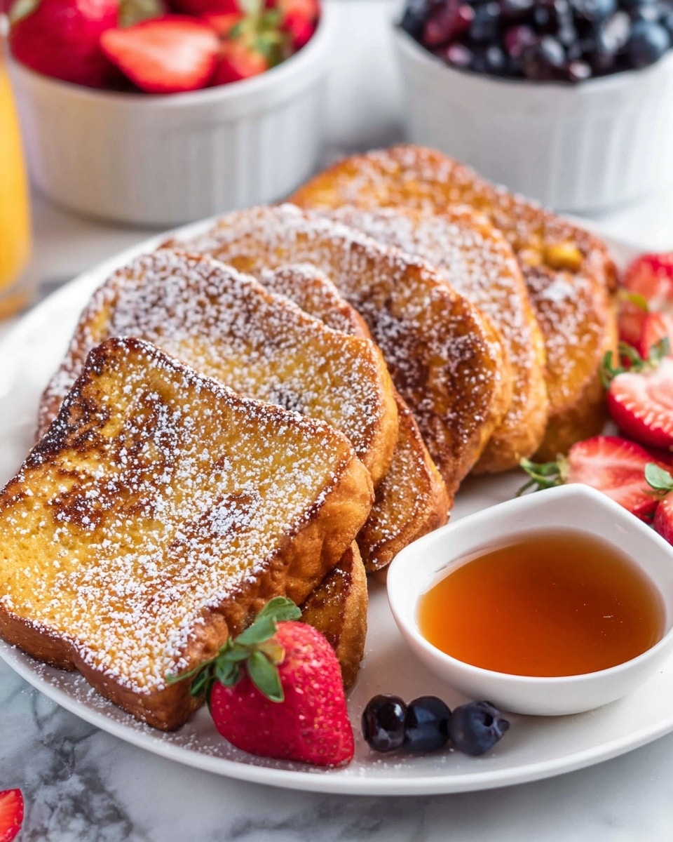 A white plate holds five triangular pieces of golden-brown fried bread dusted with white powdered sugar, arranged around a small white bowl filled with dark syrup. A woman's hand is dipping one of the bread triangles, coated in powdered sugar, partly into the syrup. On the plate next to the bowl, there are three dark blueberries and two halves of a red strawberry with green leaves, all placed on a white marbled surface. Photo taken with an iphone --ar 4:5 --v 7