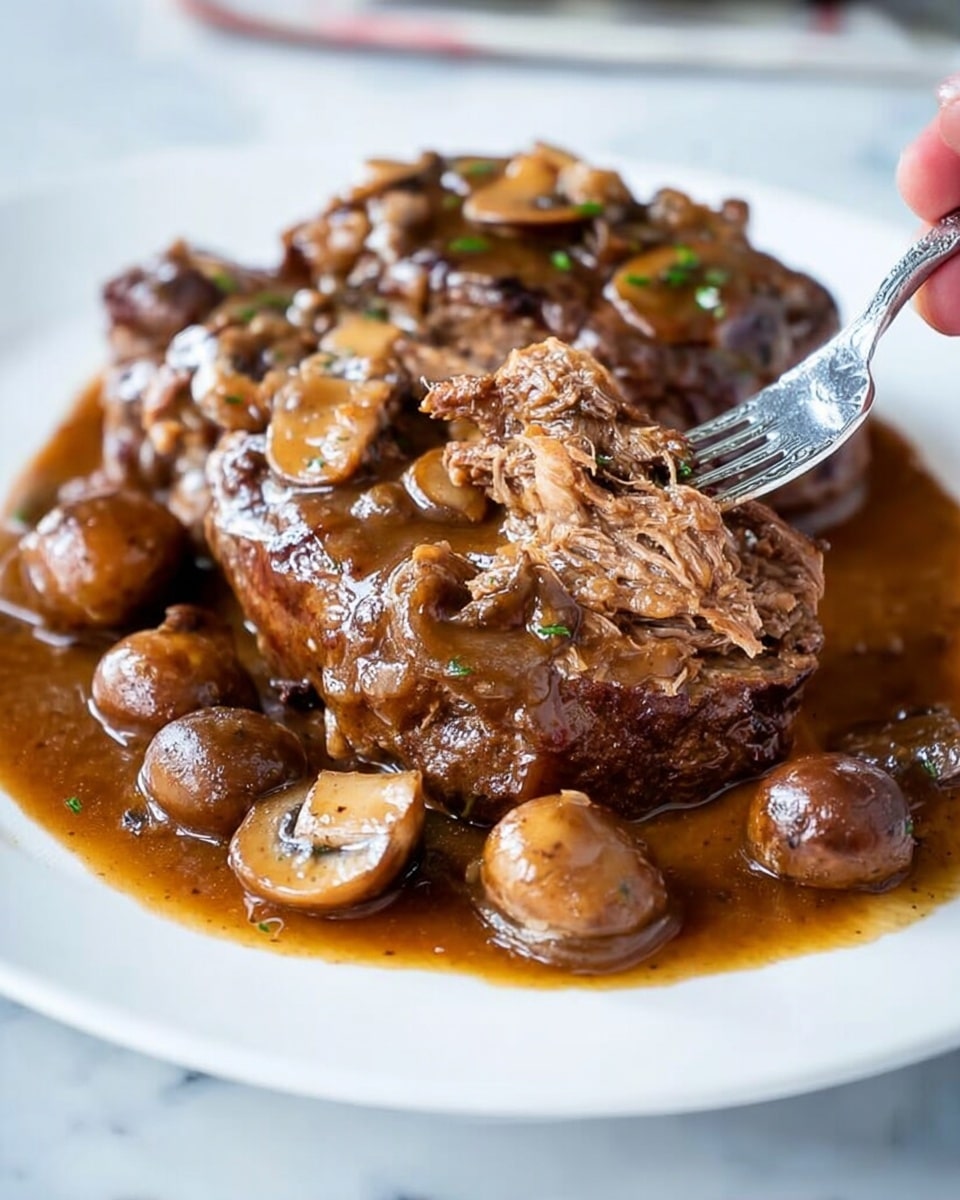 The image shows a dark brown cooked meat piece inside a dark oval pot filled with light brown thick sauce with whole small mushrooms. A woman's hand is holding a metal ladle close to the center, scooping up mushrooms coated in the sauce. The background surface has a white marbled texture. photo taken with an iphone --ar 4:5 --v 7