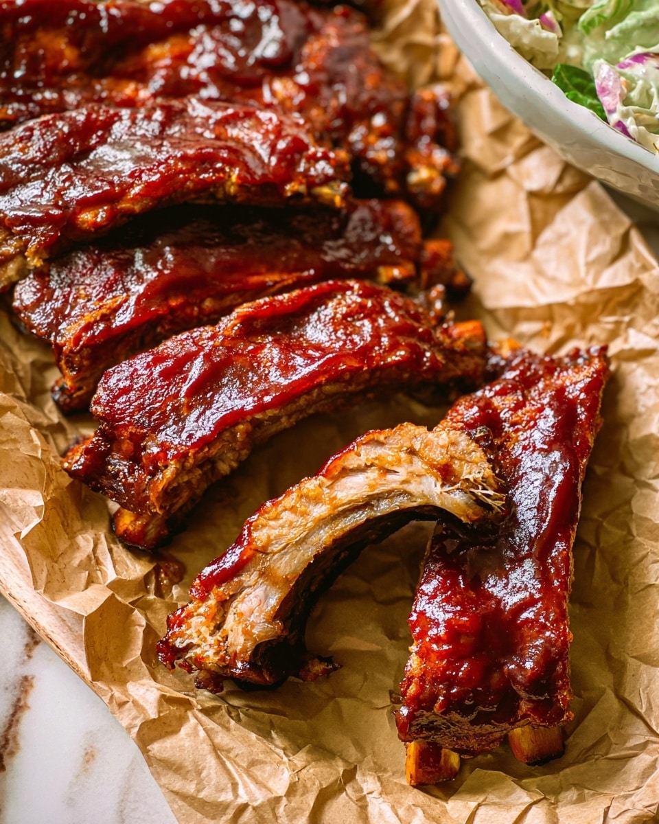 The image shows several glazed ribs laid out on crumpled light brown paper, placed on a white plate. The ribs are covered in a thick, shiny dark red barbecue sauce, with a moist and tender texture visible where one rib is sliced to reveal the meat inside. The ribs have a browned crust on the edges, and the overall look is juicy and rich. The background surface has a white marbled texture with a corner of a white bowl containing a creamy salad partially visible. Photo taken with an iphone --ar 4:5 --v 7