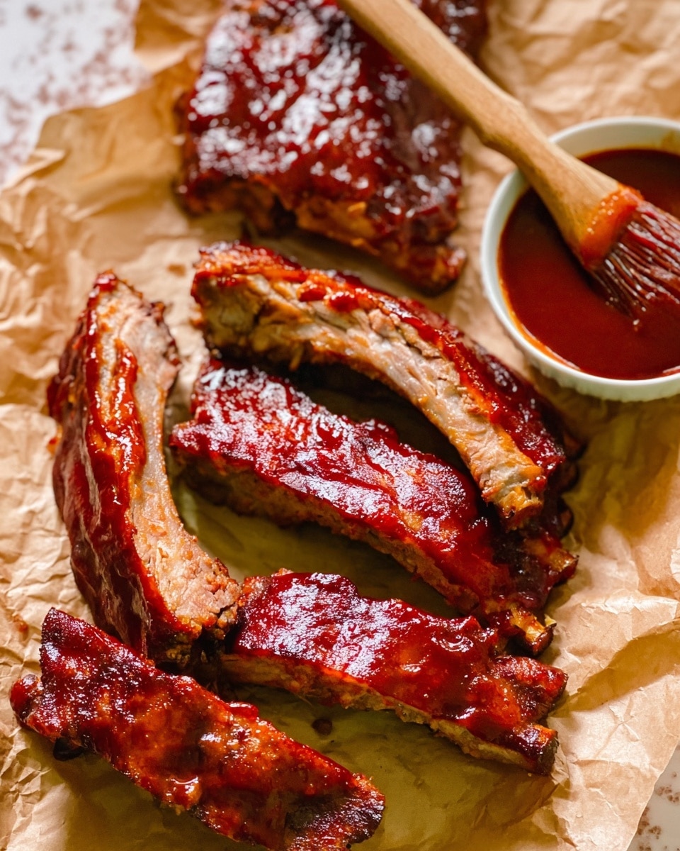 The image shows five pieces of ribs covered in shiny red barbecue sauce, arranged on a layer of crinkled light brown parchment paper. Behind the ribs, there is a small white bowl filled with thick, glossy red barbecue sauce, partially dipped by a wooden brush with sauce on its bristles. The ribs have a slightly charred texture under the sauce, and the background is a white marbled texture. photo taken with an iphone --ar 4:5 --v 7