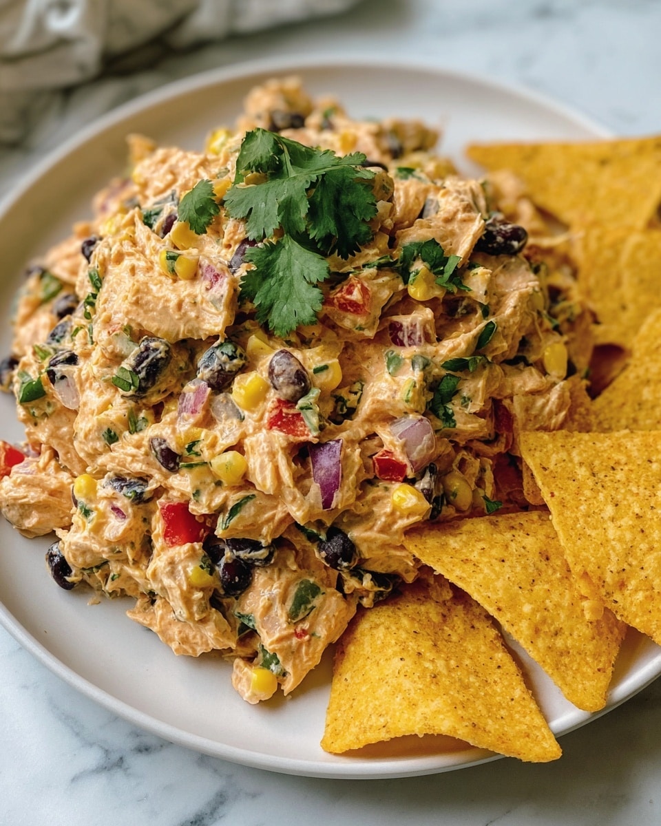 The image shows a white plate with a scoop of creamy chicken salad mixed with black beans, corn, red bell peppers, and finely chopped red onions, all coated in a light orange dressing and sprinkled with fresh green cilantro leaves on top. On the side of the plate, there are several triangular yellow corn tortilla chips leaning against the salad. The plate sits on a white marbled surface with a soft natural light highlighting the vibrant colors and textures. Photo taken with an iphone --ar 4:5 --v 7