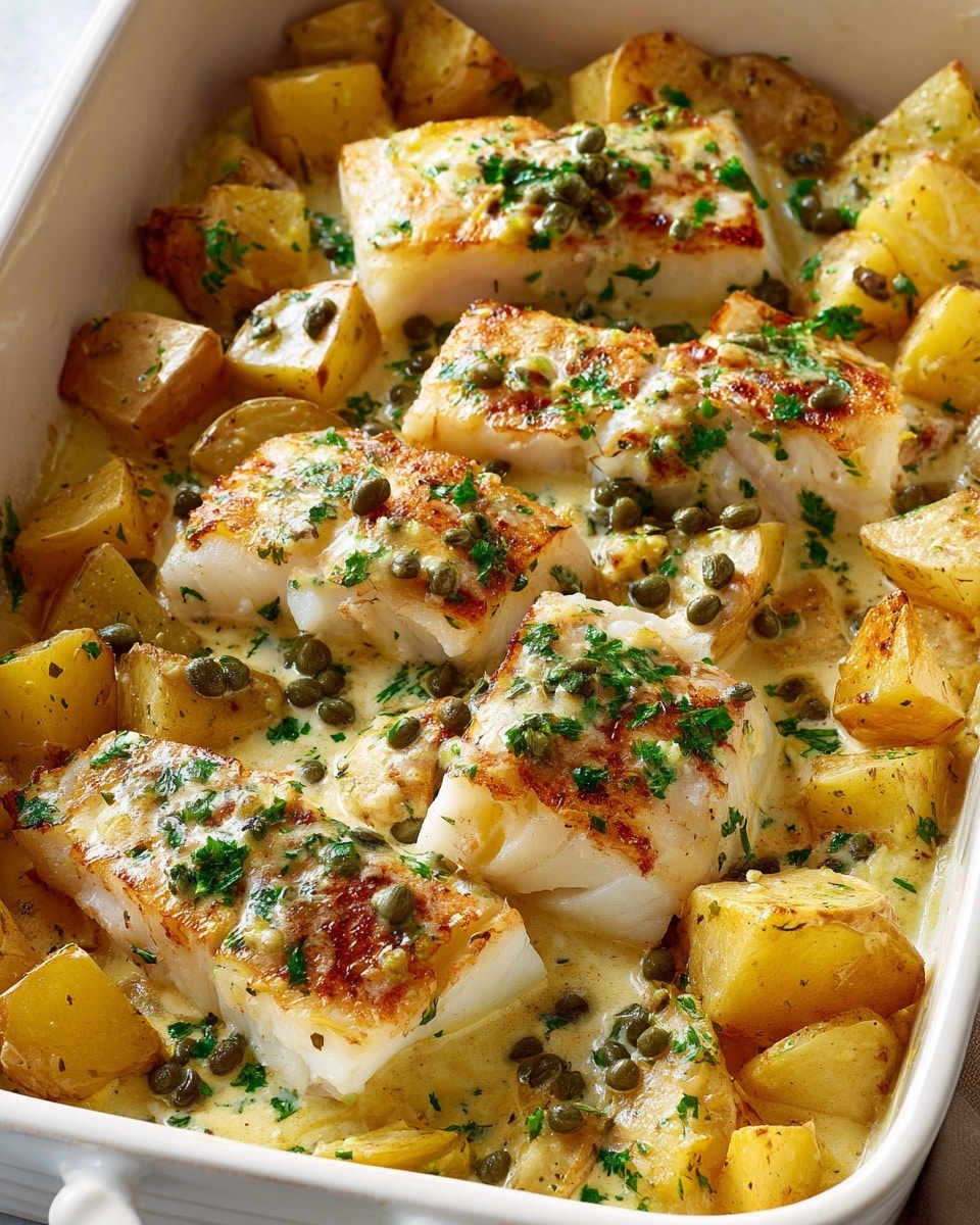 A white rectangular baking dish filled with a creamy, light golden sauce covering four white flaky fish pieces, each sprinkled with small green herbs and capers. Around the fish, there are several chunks of golden-brown roasted potatoes, some slightly crispy on the edges. Two thin lemon slices sit on the top right corner of the dish, adding a fresh yellow color. A silver spoon rests inside the dish on the left side, partially submerged in the sauce. The dish is on a white marbled surface with two small white plates nearby, one containing chopped green herbs and the other holding black pepper. Photo taken with an iphone --ar 4:5 --v 7