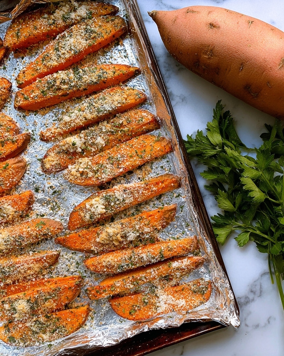 The image shows a baking sheet lined with foil, holding several pieces of orange sweet potato wedges arranged in two neat rows. Each wedge is coated with a mix of herbs and a light layer of grated cheese, giving a textured look with green and white specks. The sweet potatoes have a slightly rough surface from the seasoning. To the right side of the baking sheet, a whole orange sweet potato and some green leafy tops are placed on a white marbled surface. Photo taken with an iphone --ar 4:5 --v 7