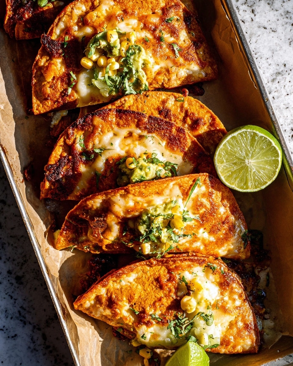 The image shows four crispy golden-brown tacos folded in half, arranged closely on a baking tray lined with parchment paper. Each taco has a slightly crunchy texture with melted cheese around the edges forming a crispy cheese layer. On top of the tacos, there are small pieces of grilled corn and sprinkled green herbs. To the side of the tacos, half a lime is placed with a juicy, bright green interior. The whole scene is set on a white marbled texture surface. Photo taken with an iphone --ar 4:5 --v 7