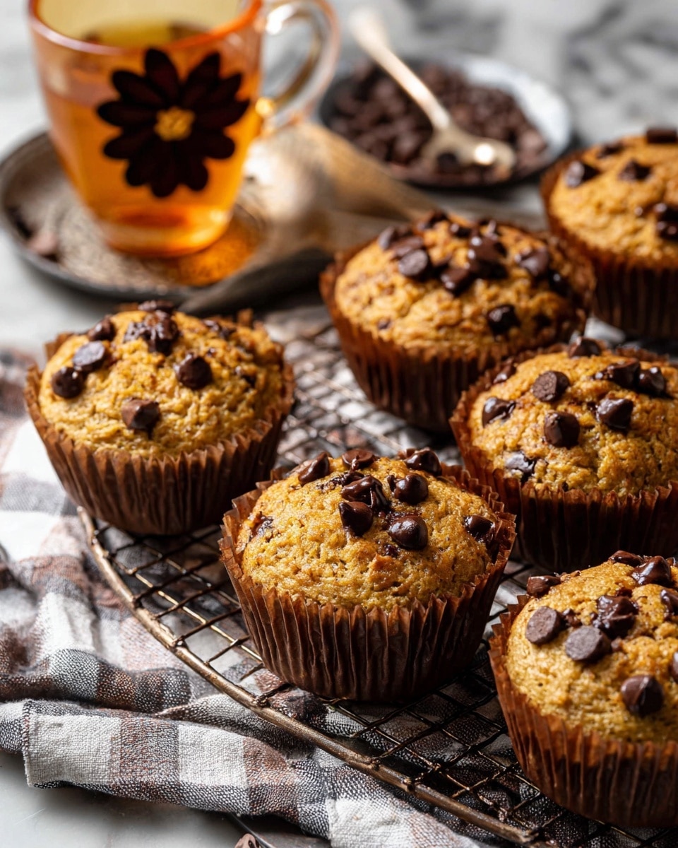 Several golden-brown muffins sit on a cooling rack with brown paper liners, each topped with shiny dark chocolate chips scattered unevenly on their rough textured tops. Some chocolate chips appear slightly melted. The muffins have a slightly cracked surface showing their moist inside. A warm amber glass cup with a dark flower decoration sits nearby on a checked cloth over a metal tray. The background is a white marbled surface. photo taken with an iphone --ar 4:5 --v 7