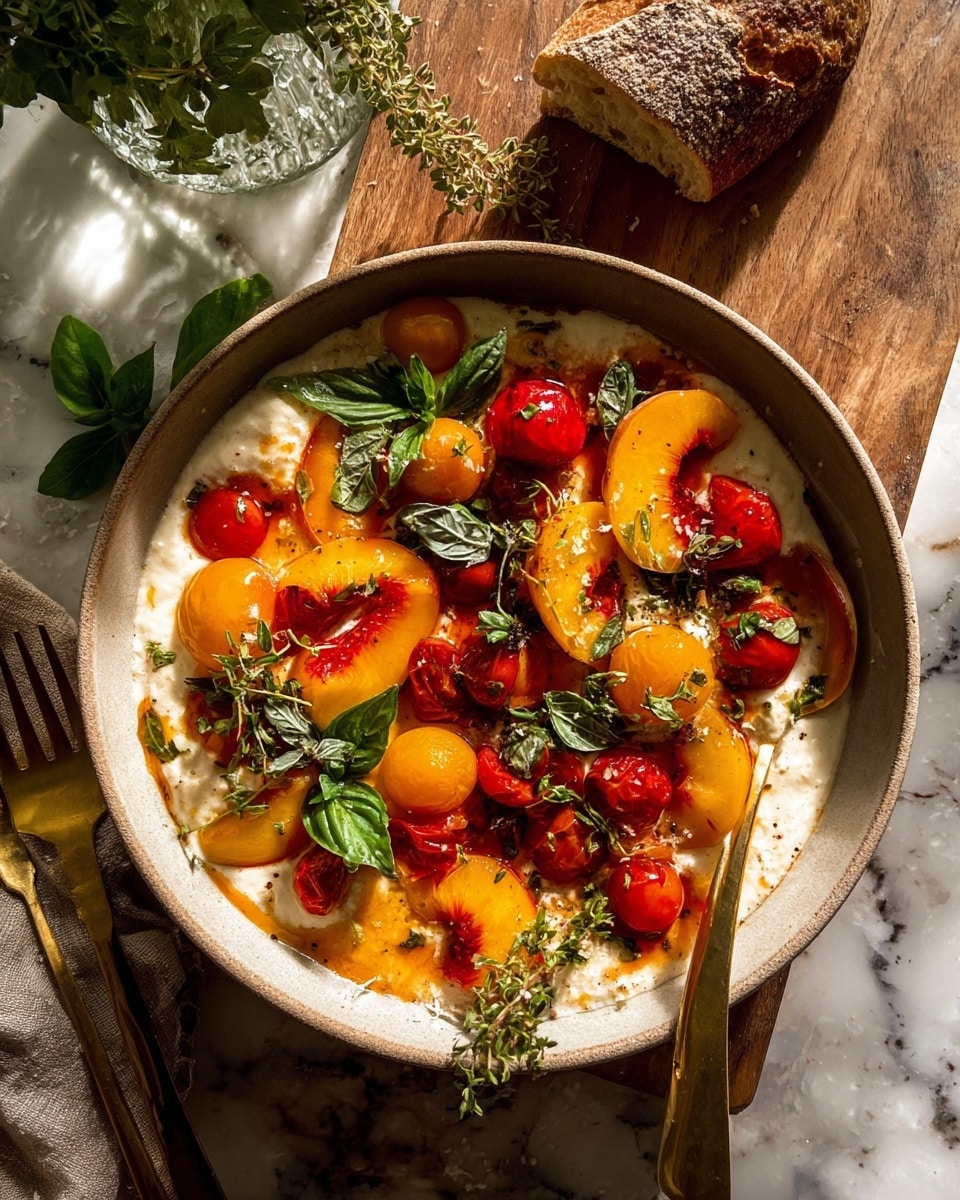A round white bowl filled with a creamy white base, topped with bright yellow peach slices that have a reddish center, and small red and orange cherry tomatoes scattered all over. Fresh green leaves and herbs are garnished on top, adding a pop of color. A gold spoon and fork rest on the left side of the bowl, and a piece of crusty brown bread sits above the bowl on a wooden board. The background is a white marbled surface with some green leaves in a small glass visible on the left side. The light is natural, casting soft shadows and giving a fresh, warm feeling photo taken with an iphone --ar 4:5 --v 7