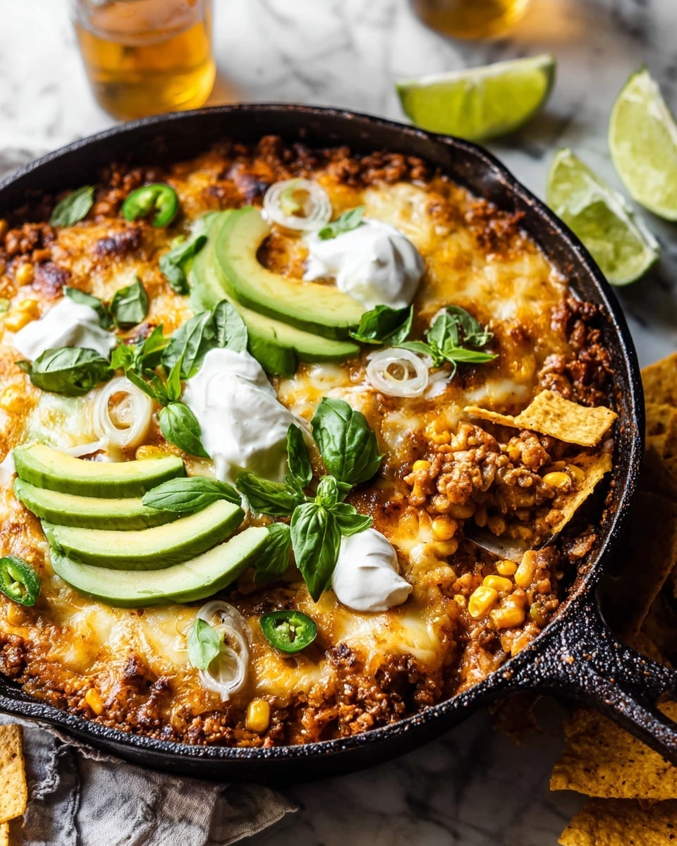The dish is shown in a black cast iron pan with a textured surface, placed on a white marbled surface. It has about four main layers visible: the bottom layer is browned ground meat mixed with corn kernels; on top of that is a thick melted cheese layer with bubbly golden-brown spots; above the cheese are fresh slices of light green avocado, thin white rings of onion, and dollops of white sour cream. The dish is garnished with fresh green basil leaves scattered across and a few golden tortilla chips partially dipped inside. In the background, there are lime halves and extra chips on the white marbled surface. Photo taken with an iphone --ar 4:5 --v 7