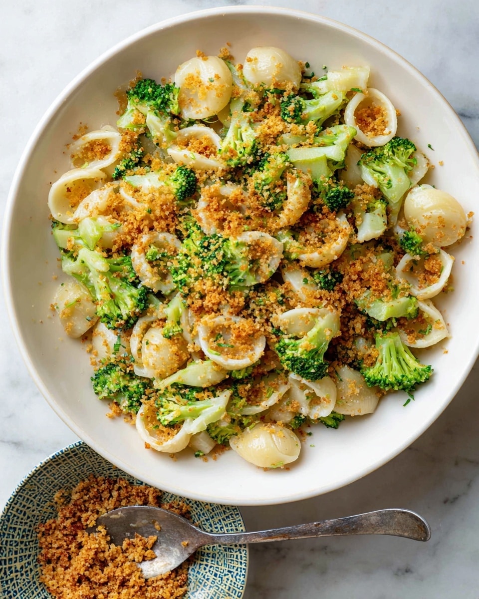 A white bowl filled with a dish of small, round pasta pieces mixed with bright green broccoli florets. The pasta is pale and smooth, while the broccoli has a fresh, rough texture. On top and throughout the dish, there are golden brown crumbs sprinkled evenly, adding a crunchy look. The bowl sits on a white marbled surface, and below it, a small patterned bowl with more of the golden crumbs and a silver spoon is partly visible. Photo taken with an iphone --ar 4:5 --v 7