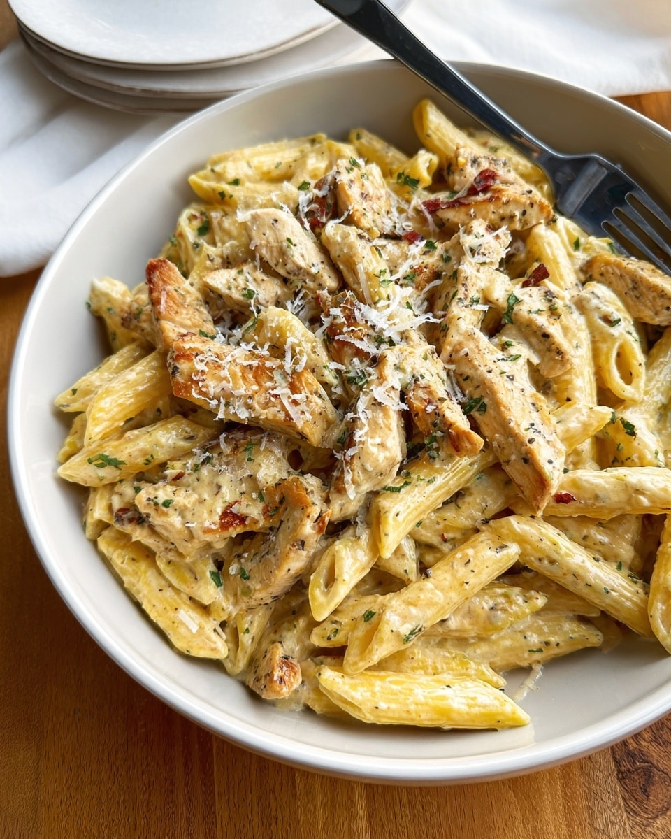 A close-up of creamy pasta with grilled strips of chicken mixed throughout. The pasta is penne, covered in a light beige sauce with specks of green herbs and black pepper sprinkled on top. The chicken pieces are golden brown with grill marks, scattered evenly among the pasta. A black fork holds a small bite of pasta and chicken near the center. The dish is served in a shallow white bowl with a larger silver pan holding more pasta in the background, all placed on a wooden surface with a white cloth nearby. photo taken with an iphone --ar 4:5 --v 7