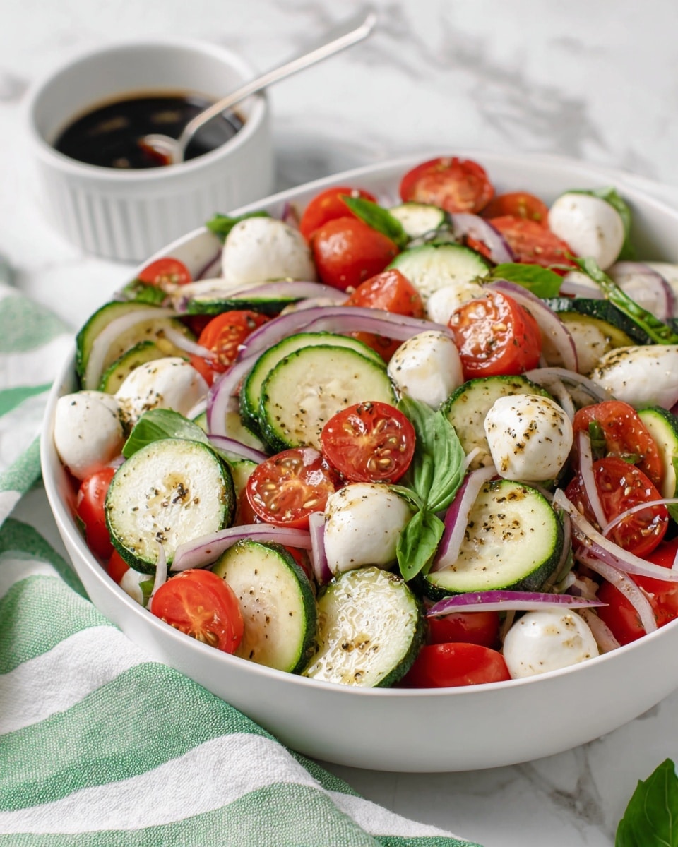 A white bowl filled with a fresh salad that has three main layers: the first layer includes thick round slices of green zucchini scattered throughout, the second layer shows red cherry tomato halves and thin purple onion rings sitting on top, and the third layer features white mozzarella balls and torn green basil leaves spread evenly. The salad is sprinkled with black pepper and small olive oil drops visible on the vegetables. Behind the bowl is a small white bowl of dark dressing with a spoon, all set on a white marbled surface with a green and white striped cloth near the front. Photo taken with an iphone --ar 4:5 --v 7