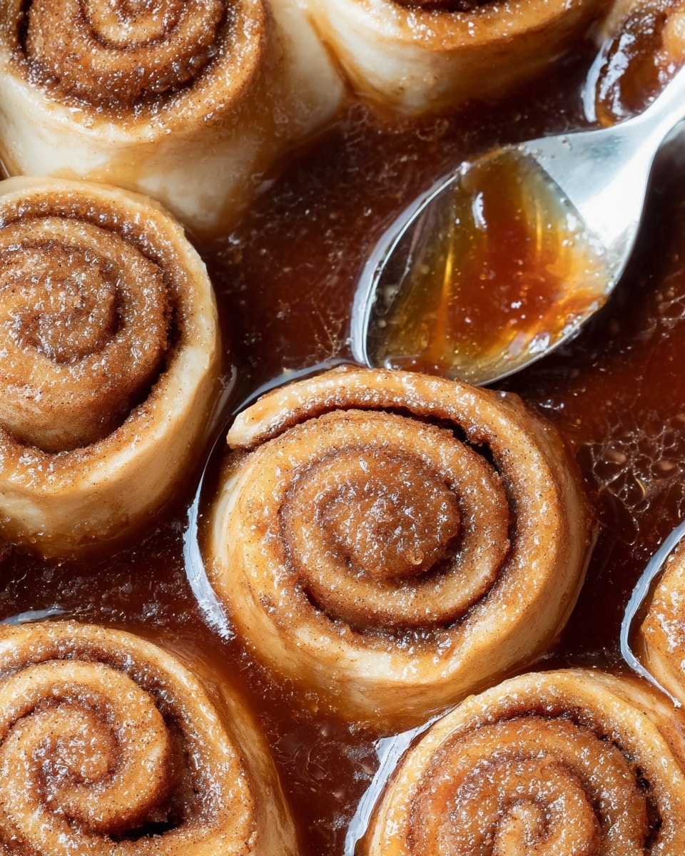 A single cinnamon roll sits on a white plate with soft ridged edges, covered in a shiny brown syrup that pools around its base. The cinnamon roll has three visible spiral layers, each with a light golden dough color and darker cinnamon filling in between. A silver fork rests behind the roll on the plate. The background shows a clear glass baking dish filled with more cinnamon rolls, and a blurred yellow jar. The surface under the plate looks like white marble with soft cloth textures in the background. photo taken with an iphone --ar 4:5 --v 7