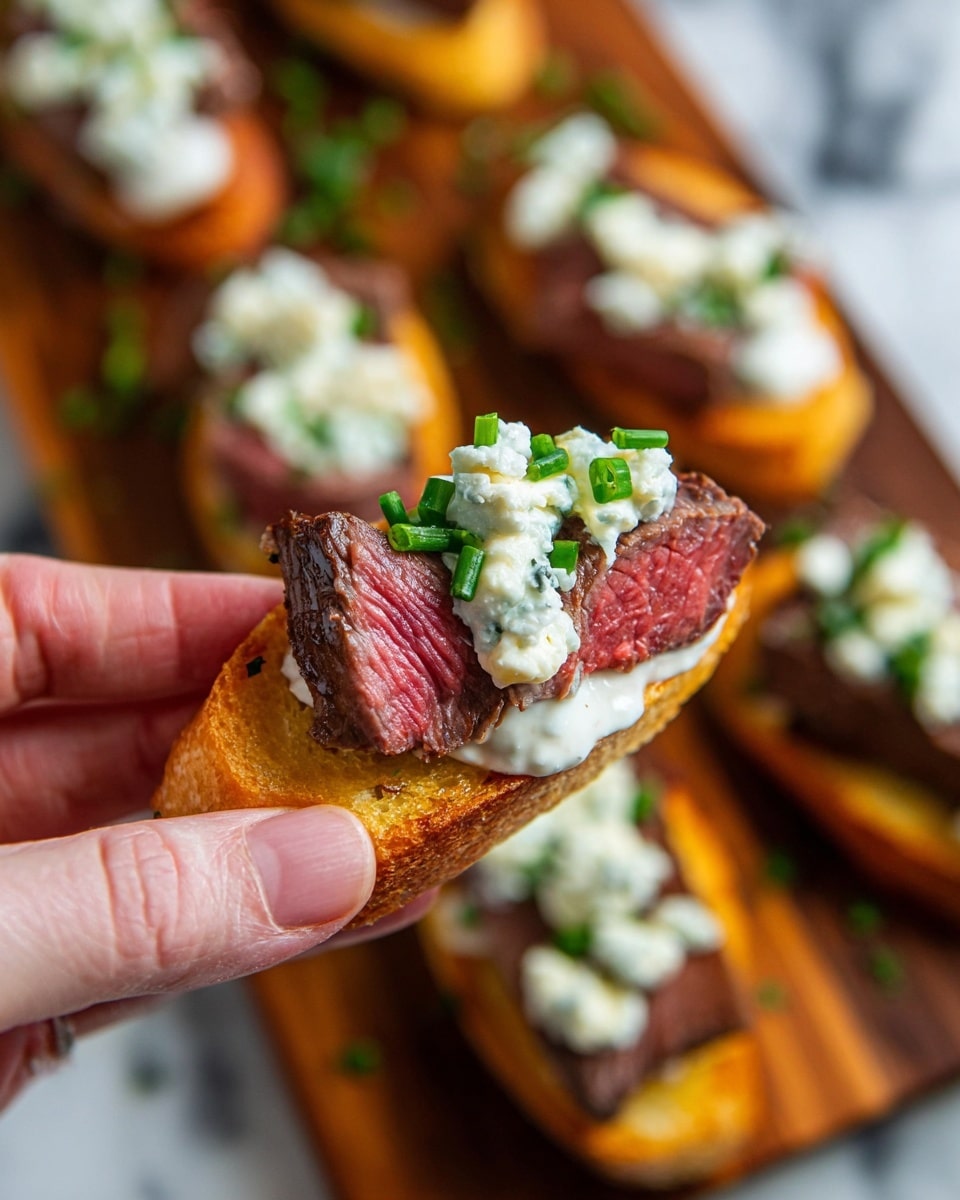 A woman's hand is holding a small white crispy toast topped with three layers: a bottom golden brown toasted bread slice, a middle layer of medium-rare cooked red steak with a slightly charred edge, and a top dollop of white creamy sauce with small white crumbles and green chopped chives sprinkled over it. In the background, more similar toasts with the same three layers are placed on a wooden board over a white marbled surface. The image has a close-up focus on the toast in the foreground with a soft blur on the background items. Photo taken with an iphone --ar 4:5 --v 7