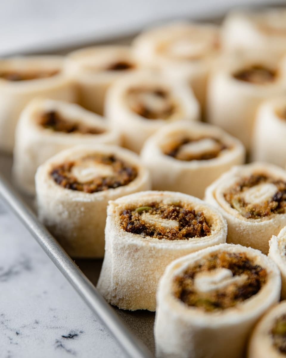 The image shows a close-up of several small rolled sandwiches arranged in rows on a grey baking tray. Each sandwich has two main layers: an outer layer of soft white bread that is rolled tightly into a spiral, and an inner filling that appears to be a mix of finely chopped ingredients including green herbs and brown bits, giving it a textured and slightly chunky look. The sandwiches in the foreground are in sharp focus, showing the details of the filling and bread, while the ones in the background are blurred. The setting is lit softly with a white marbled surface faintly visible in the out-of-focus background. photo taken with an iphone --ar 4:5 --v 7