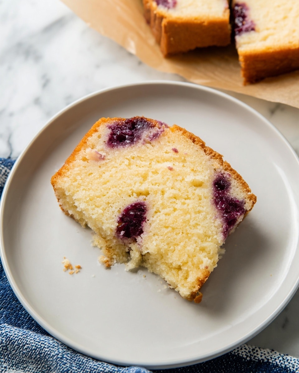 A slice of light yellow cake with soft texture sits in the center of a plain white plate, showing a purple berry filling near the middle and a partly eaten corner revealing the moist inside. On the top side of the image, there are two thick pieces of the same cake with darker purple spots, resting on brown parchment paper. The background features a white marbled surface with a blue and white cloth partially visible at the bottom. photo taken with an iphone --ar 4:5 --v 7