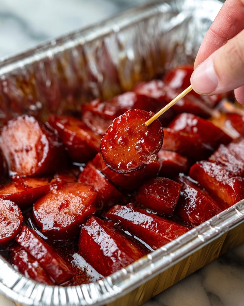 A close-up shows several deep red sausage pieces in a shiny aluminum tray, each sliced partially across the top so the slices fan out slightly while still holding together. The sausages are covered in a glossy, sticky sauce that pools a little at the bottom of the tray, giving a rich sheen to the surface of each piece. A woman's hand holds a wooden toothpick, gently lifting one sausage piece, revealing its juicy, meaty texture inside. The background surface is a white marbled texture. Photo taken with an iphone --ar 4:5 --v 7