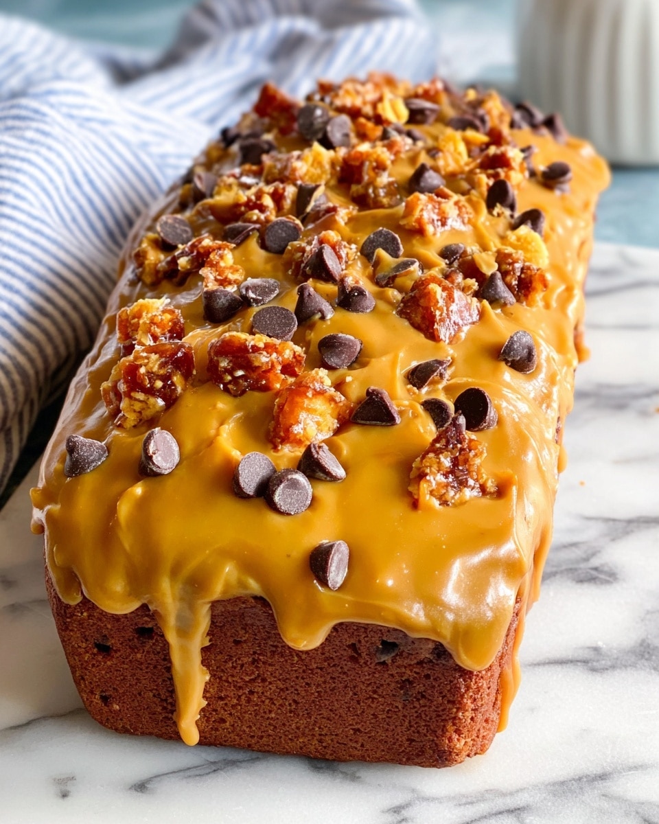 The image shows a rectangular brown cake with a thick layer of smooth, golden caramel frosting spread unevenly on top, with some dripping slightly over the edges. Scattered generously over the caramel are small, dark chocolate chips and pieces of crispy, golden brown brittle, adding texture and color contrast. The cake sits on a white marbled surface, with a white and blue striped cloth partially visible in the background. photo taken with an iphone --ar 4:5 --v 7