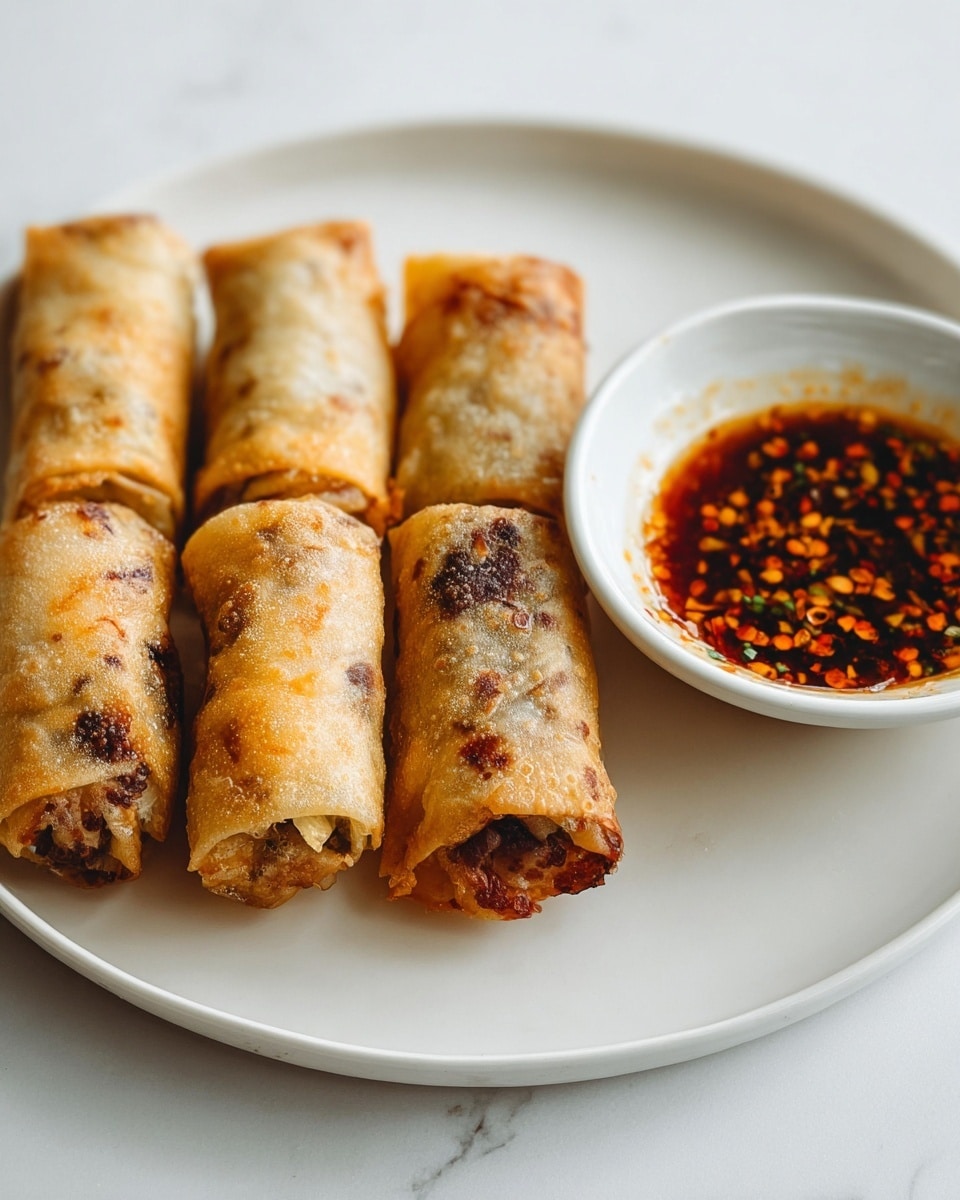 The image shows four golden-brown fried spring rolls placed side by side on a white plate with a slightly ridged texture. The spring rolls have crispy, slightly blistered skin with some darker brown spots that hint at their fried texture. Behind them on the same plate is a small white bowl filled with a dark red-orange dipping sauce adorned with black and yellow chili flakes, adding a vibrant contrast. The plate rests on a white marbled surface. Photo taken with an iphone --ar 4:5 --v 7