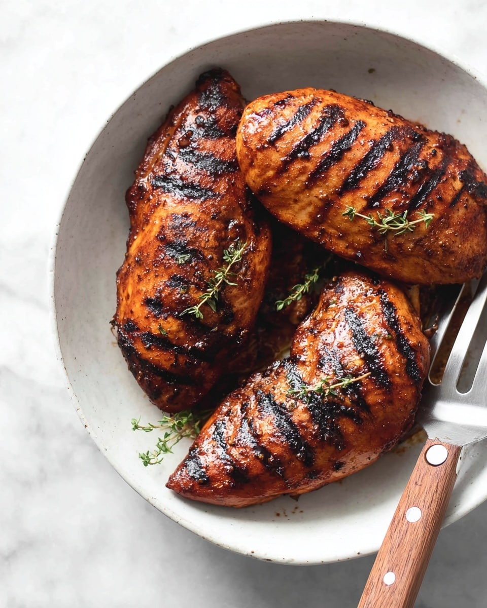 The image shows six slices of cooked chicken placed in a slightly overlapping row inside a white plate with a smooth surface. Each slice has a browned, slightly crispy outer layer with a caramelized texture, contrasting the moist, pale white inside of the chicken. Small green herb leaves are scattered on top of and around the chicken slices, adding color and freshness. A fork with a wooden handle is placed on the right side of the plate, beneath the chicken slices, resting on the white plate. The background features a white marbled texture, giving a clean and elegant look. Photo taken with an iphone --ar 4:5 --v 7