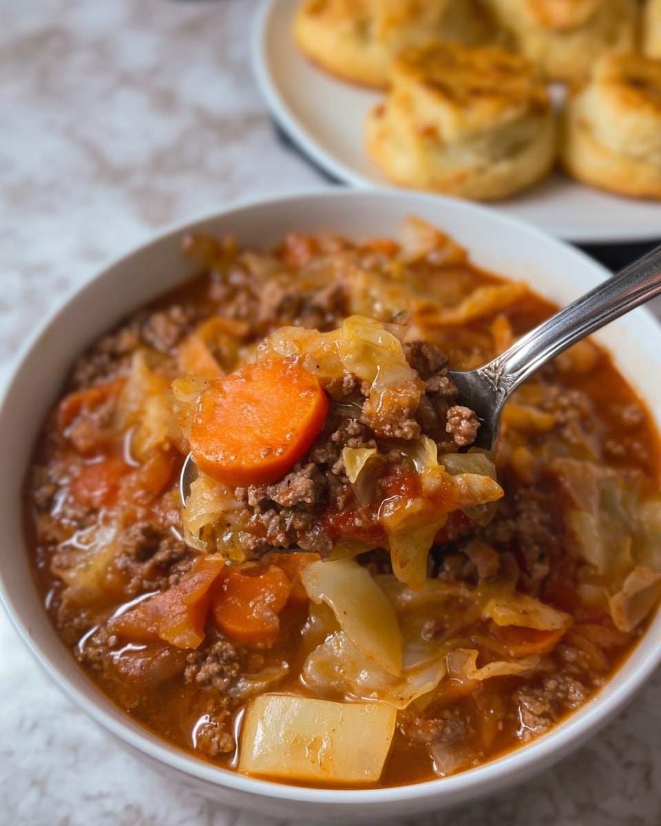 A close-up view of a deep white bowl filled with a hearty stew. The stew has several layers of chunky textures, including bright orange carrot slices scattered on top, soft light green celery pieces, tender light beige cabbage chunks, and small crumbly bits of cooked brown ground meat mixed throughout. The stew’s reddish-brown broth surrounds the vegetables and meat, sprinkled lightly with green herbs. Above the bowl, there is a white plate holding circular toasted bread rounds with golden brown surfaces. The bowls and plate sit on a white marbled surface. Photo taken with an iphone --ar 4:5 --v 7