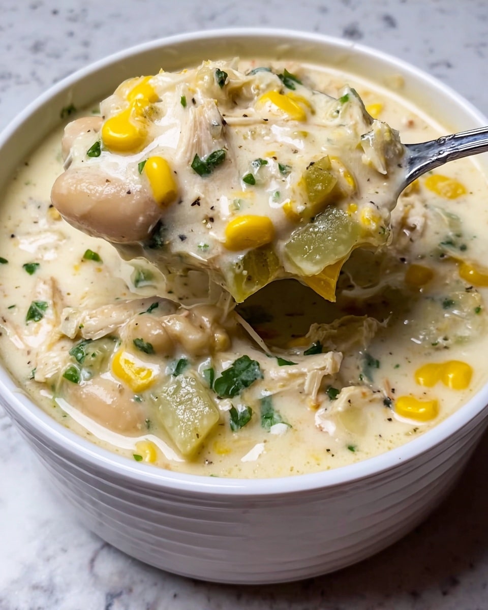 A white cup filled with creamy, pale yellow soup containing visible pieces of white beans, sweet corn, and bits of herbs. On top, there are two green sliced jalapeño rings with white seeds, sprinkled chopped green cilantro leaves, and shredded white cheese. A pile of light golden, crunchy tortilla strips stands upright on one side of the cup. The cup is placed on a white marbled surface. Photo taken with an iphone --ar 4:5 --v 7