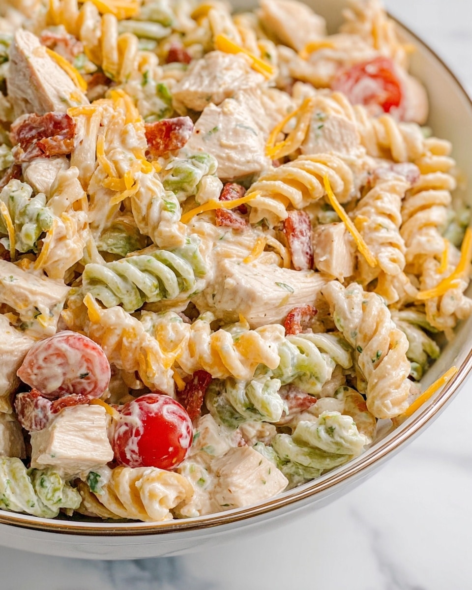 A large clear glass bowl on a white marbled surface is filled with a creamy pasta salad made of three-color rotini pasta in orange, green, and white shades mixed throughout. Chunks of light beige cooked chicken pieces are spread evenly among the pasta. Bright red grape tomatoes add spots of color, and thin strips of orange cheddar cheese are scattered in between. Small bits of green herbs and cooked bacon bits give a textured look, making the dish appear rich and flavorful. A silver spoon is scooping some of the salad from the right side of the bowl. In the background, there are red cherry tomatoes and a green zucchini on the white marbled texture, with a stack of white plates and silver forks slightly blurred on the top right. Photo taken with an iphone --ar 4:5 --v 7