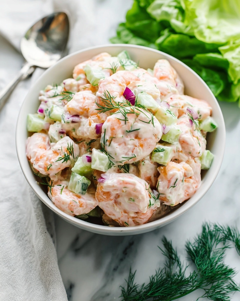 A white bowl filled with a shrimp salad showing about three layers: the main layer is pink shrimp with a smooth texture, coated lightly with a creamy white sauce; on top, small diced pieces of light green cucumber and bits of red onion add a fresh crunch, scattered evenly; small green dill leaves are sprinkled throughout for a touch of color and texture. The bowl is placed on a white marbled surface where some green lettuce leaves and dill sprigs can be seen in the background, with a silver spoon and a white cloth nearby. Photo taken with an iphone --ar 4:5 --v 7