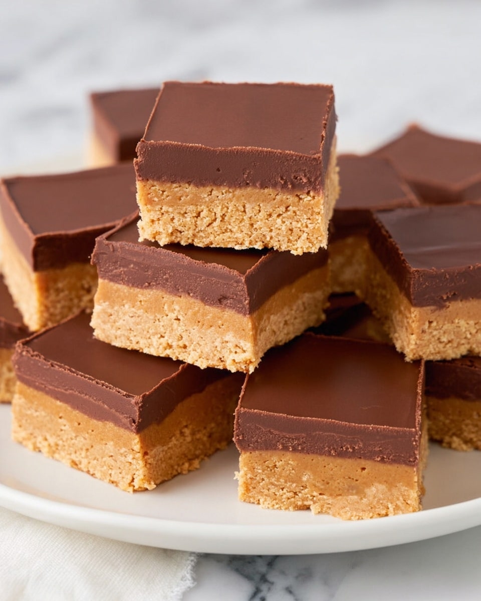 The image shows a white plate holding several square bars with two layers each; the bottom layer is thick, crumbly, and tan-colored, while the top layer is a smooth, rich chocolate brown, with a glossy finish. The bars are stacked, some resting flat on the plate and others leaning against each other, showing the clean edges between the two layers. The background is a white marbled texture, adding a soft elegant touch. photo taken with an iphone --ar 4:5 --v 7