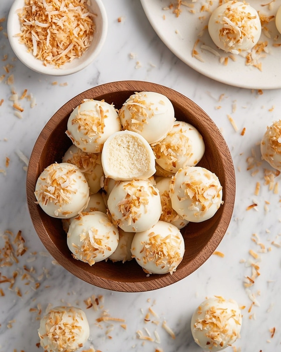 A wooden bowl filled with round white chocolate balls, each topped with golden toasted coconut flakes. One ball is open, showing a light, crumbly beige inside. Around the bowl, there is a small white bowl with toasted coconut flakes and a white plate with more of the white chocolate balls sprinkled with coconut. The surface underneath is white marble with scattered toasted coconut flakes. photo taken with an iphone --ar 4:5 --v 7