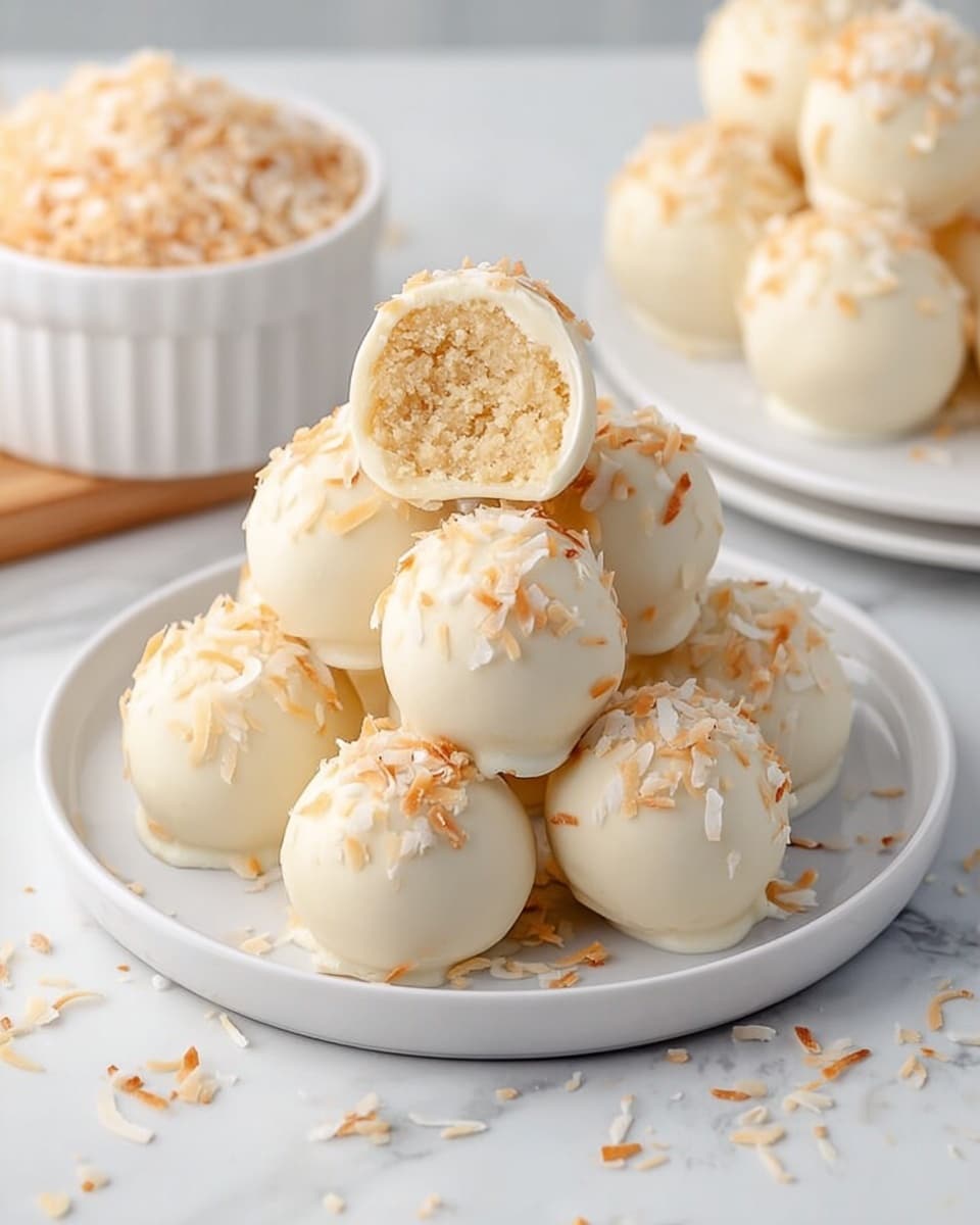 The image shows small round balls coated completely in smooth, light cream-colored white chocolate, each topped with toasted coconut flakes that are golden brown and scattered around. One ball is cut open to reveal a dense, textured inside that is light beige and looks moist. All the balls rest on a white marbled texture surface, with a soft, warm light enhancing the creamy and toasted tones in the image, photo taken with an iphone --ar 4:5 --v 7