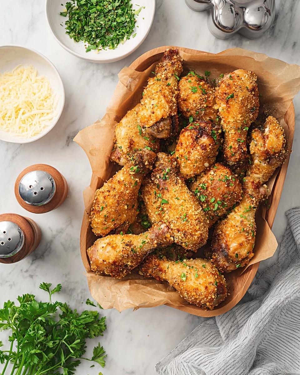 A wooden tray lined with brown parchment paper holds about a dozen golden-brown crispy chicken drumsticks and wings, each coated with a rough-textured, speckled seasoning mix with bits of herbs and spices. The chicken is sprinkled with small green herb pieces, adding color contrast. Around the tray on a white marbled surface, there is a small white bowl filled with finely chopped green herbs, a white bowl containing grated cheese with some cheese scattered nearby, a set of salt and pepper shakers with wooden bases and shiny metal tops, and some fresh parsley leaves. A gray and white striped cloth is placed on the right side. photo taken with an iphone --ar 4:5 --v 7