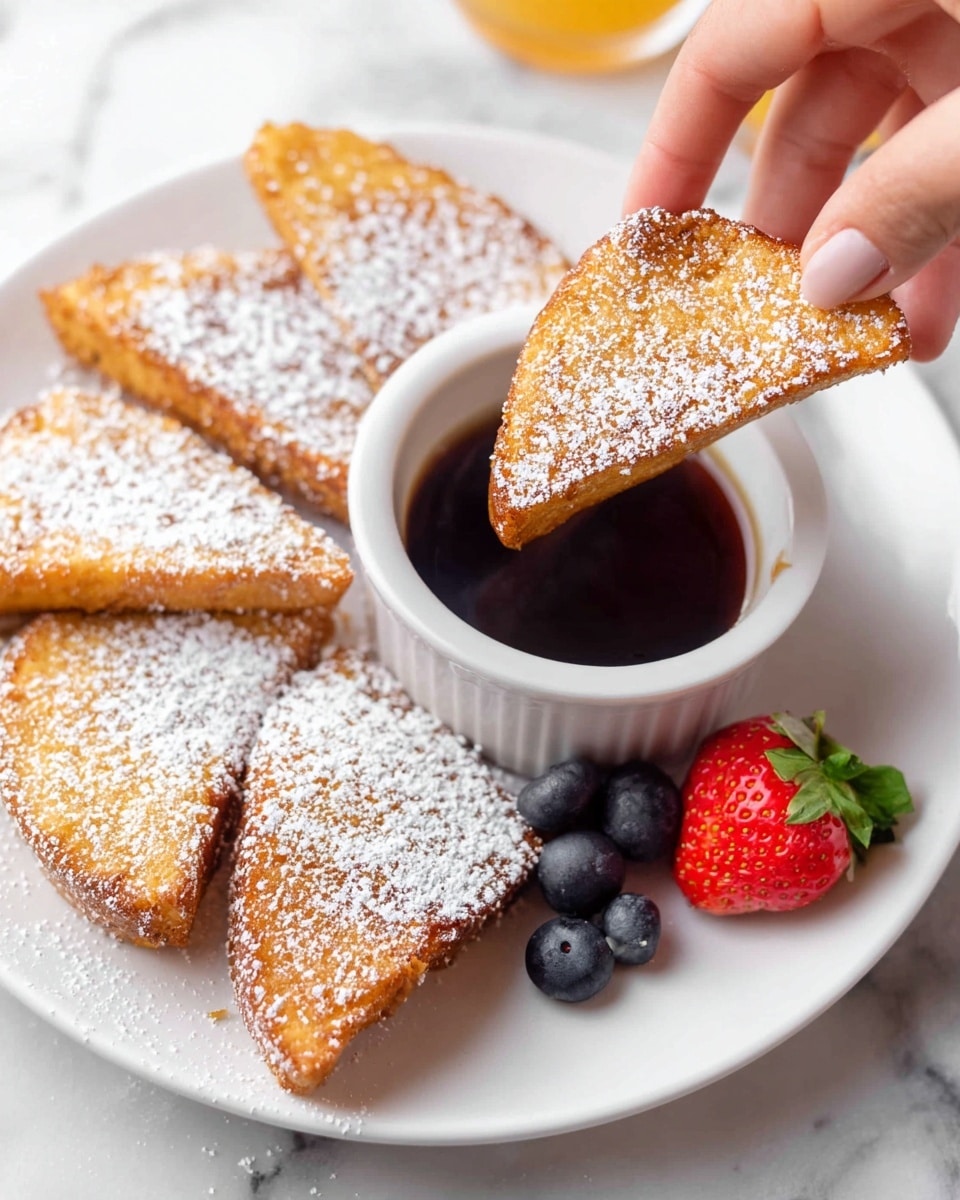 The image shows a white plate with five pieces of golden brown French toast dusted with white powdered sugar. At the front right edge of the plate, there is a halved red strawberry with its green leaves still attached and some scattered dark blue blueberries. A small white bowl filled with amber-colored syrup sits on the right side of the plate. In the background, a small white bowl full of dark blue blueberries and a white bowl filled with red strawberries are visible on a white marbled surface. Photo taken with an iphone --ar 4:5 --v 7