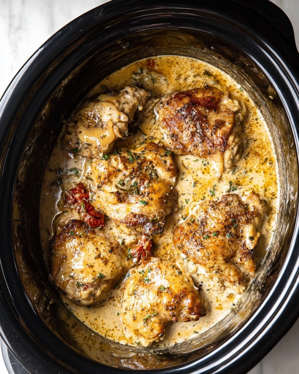 This image shows six pieces of cooked golden brown chicken with a textured, slightly crispy skin in a black slow cooker. The chicken is covered with a thick creamy sauce that has dark specks, likely herbs and spices, and some small pieces of sun-dried tomatoes scattered on top and around the chicken. The sauce has an oily, glossy shine and pools around the chicken inside the cooker. The cooker sits on a white marbled surface. photo taken with an iphone --ar 4:5 --v 7