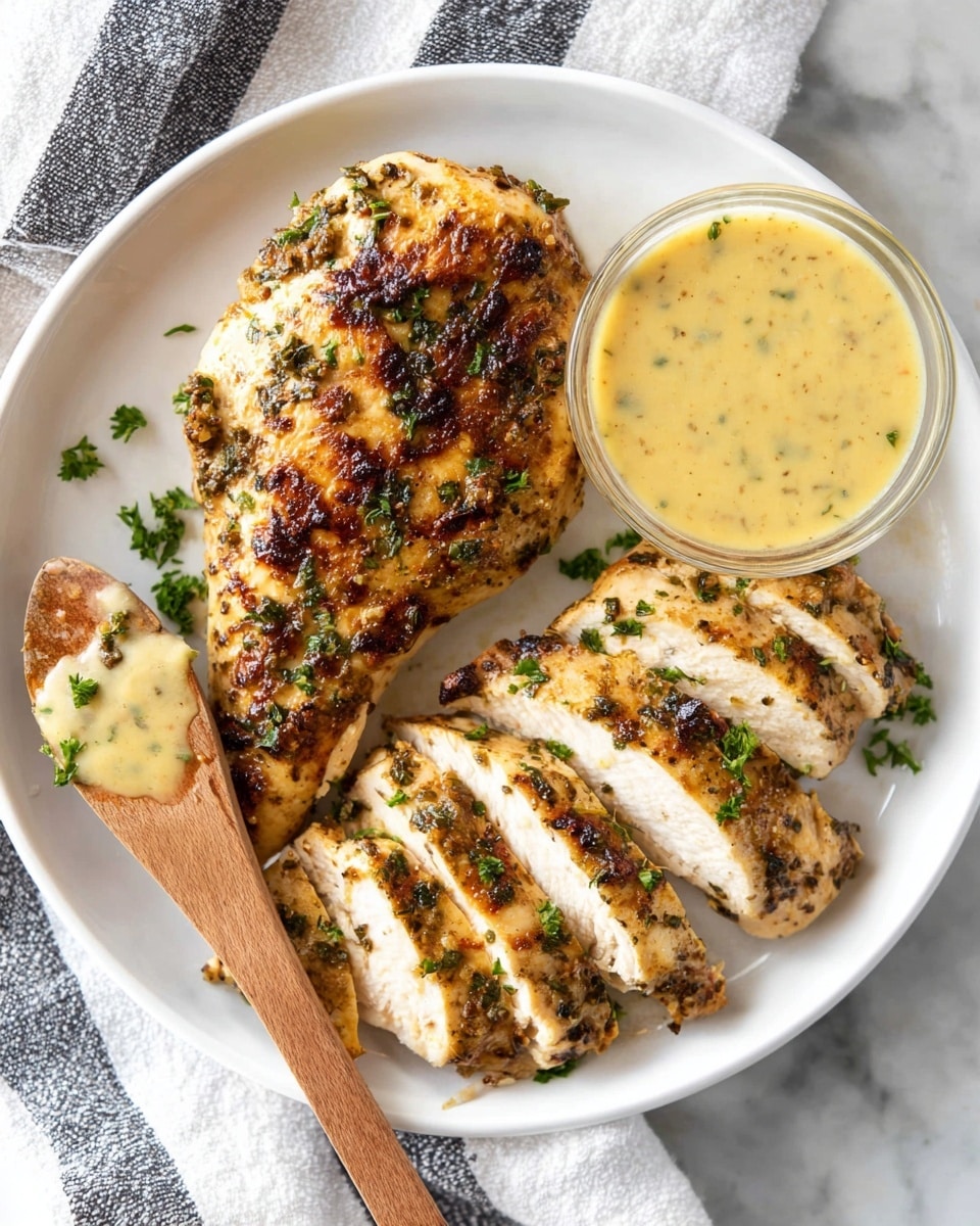 A white plate holds three grilled chicken pieces, each coated with a green herb seasoning that looks slightly chunky and textured. The chicken has clear grill marks with a browned, slightly crispy surface and is sprinkled with small bits of fresh green herbs on top. A fork and a knife with a wooden handle rest on the plate, the fork piercing one piece of chicken. There is a small glass container with a light yellow sauce on the side. The plate is set on a white marbled surface. Photo taken with an iphone --ar 4:5 --v 7