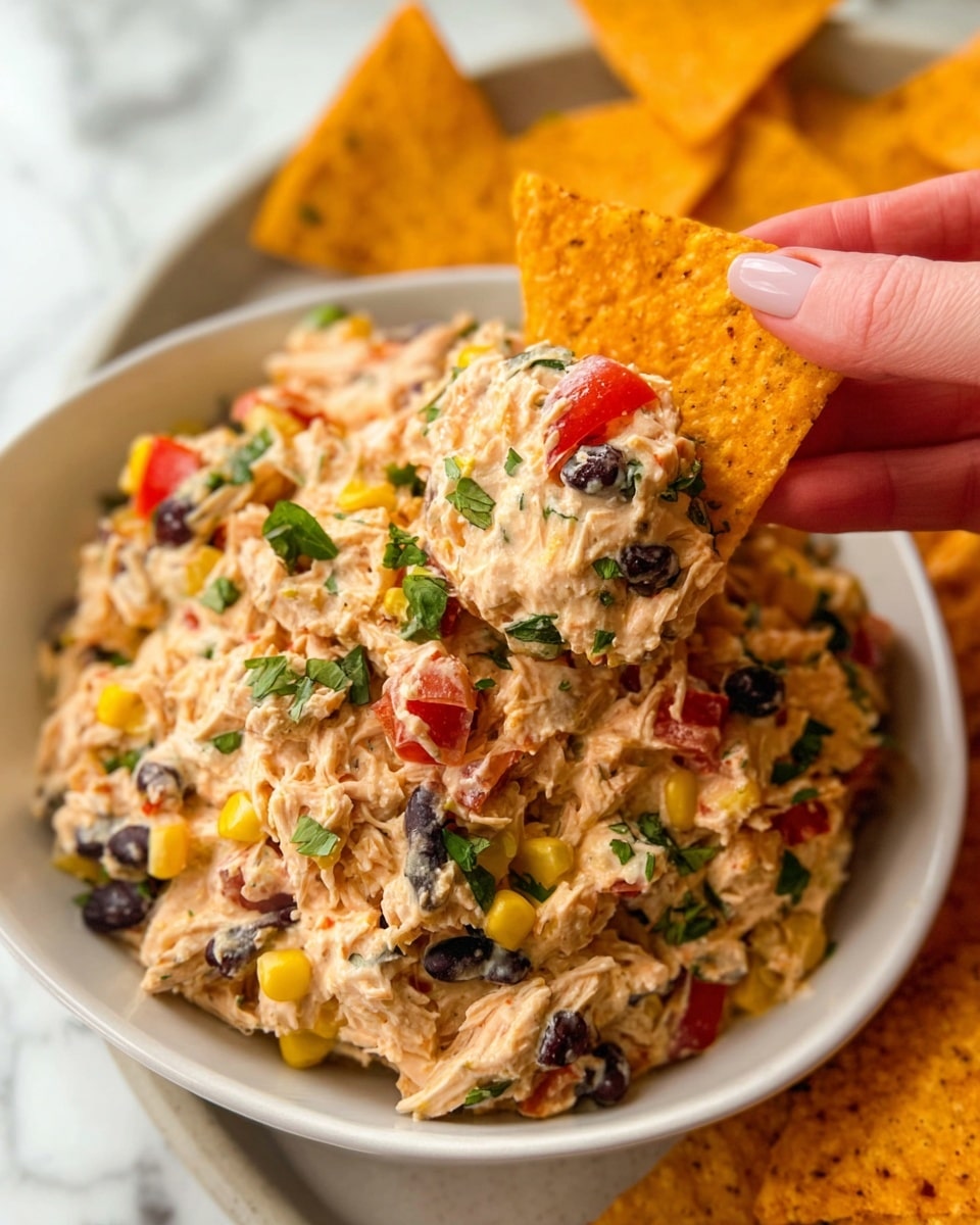A close-up view of a white bowl with a beige rim filled with a creamy, thick dip made of shredded chicken, black beans, yellow corn, and small red bell pepper pieces mixed in a light orange sauce. The dip is garnished with chopped green cilantro leaves scattered on top, adding a fresh touch of color. Around the dip, several large triangular yellow corn chips are partially dipped in. A black spoon rests inside the bowl, ready for serving. The bowl sits on a white marbled surface, and in the background, out of focus, are half an avocado and a small white dish with chopped herbs. Photo taken with an iphone --ar 4:5 --v 7