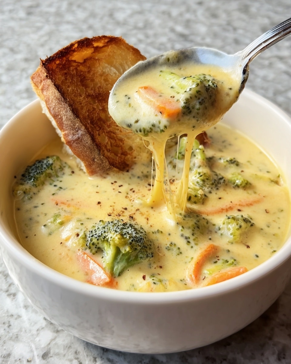 A white bowl filled with thick, creamy soup that has green broccoli pieces and small bits of carrot visible inside. On top of the soup is a generous layer of bright orange shredded cheddar cheese scattered unevenly. At the back edge of the bowl, two toasted slices of garlic bread lean against the soup, showing a golden-brown color with visible herbs. The bowl sits on a white marbled surface. Photo taken with an iphone --ar 4:5 --v 7