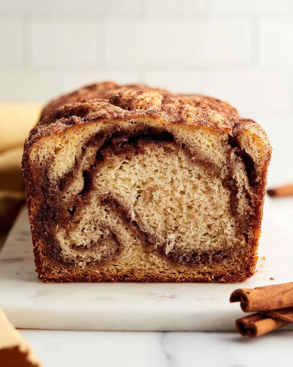 A rectangular loaf of cinnamon swirl bread is shown from the side, revealing two layers with light brown bread swirled with darker brown cinnamon filling. The bread has a rough textured top crust with a darker golden brown color. The inside looks soft and moist with uneven cinnamon ribbons running through it. The loaf sits on a white marbled surface with a cinnamon stick visible in the lower right corner. The background is softly blurred white tiles with warm light. photo taken with an iphone --ar 4:5 --v 7