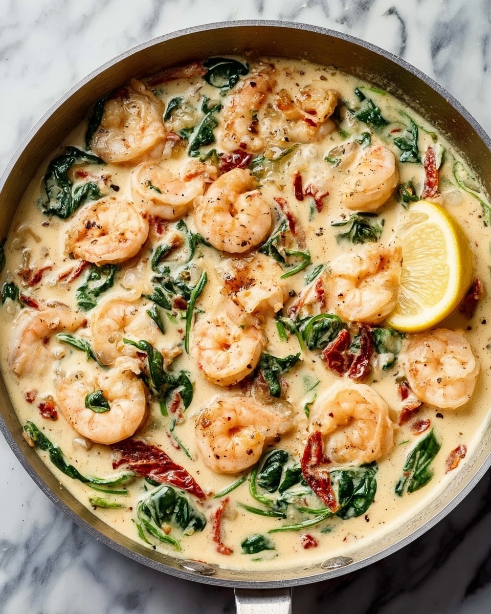 The image shows a pan filled with a creamy shrimp dish, featuring about three layers of ingredients mixed together. The main layer consists of plump pink shrimp spread evenly throughout a thick, off-white creamy sauce. Interspersed within the sauce are bright green spinach leaves and thin strips of reddish sun-dried tomatoes, adding contrast in color and texture. On the side of the pan, a wedge of yellow lemon rests partially submerged in the sauce. The pan itself is set against a white marbled texture background with a light gray handle visible. photo taken with an iphone --ar 4:5 --v 7