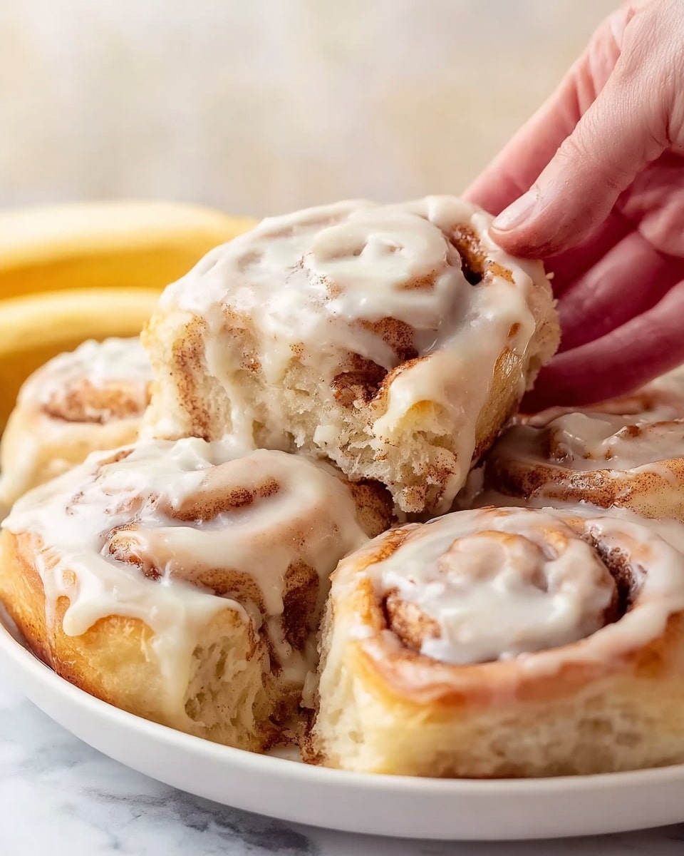 A woman's hand is lifting one soft cinnamon roll from a group of cinnamon rolls sitting closely together on a white plate. Each roll has a thick layer of creamy white icing covering the swirled, golden-brown dough with visible cinnamon streaks. The rolls look fluffy and moist, with the icing slightly melting down the sides. In the background, there are slices of banana adding a light yellow contrast to the warm tones. The scene is set on a white marbled surface, giving a clean and bright look. photo taken with an iphone --ar 4:5 --v 7