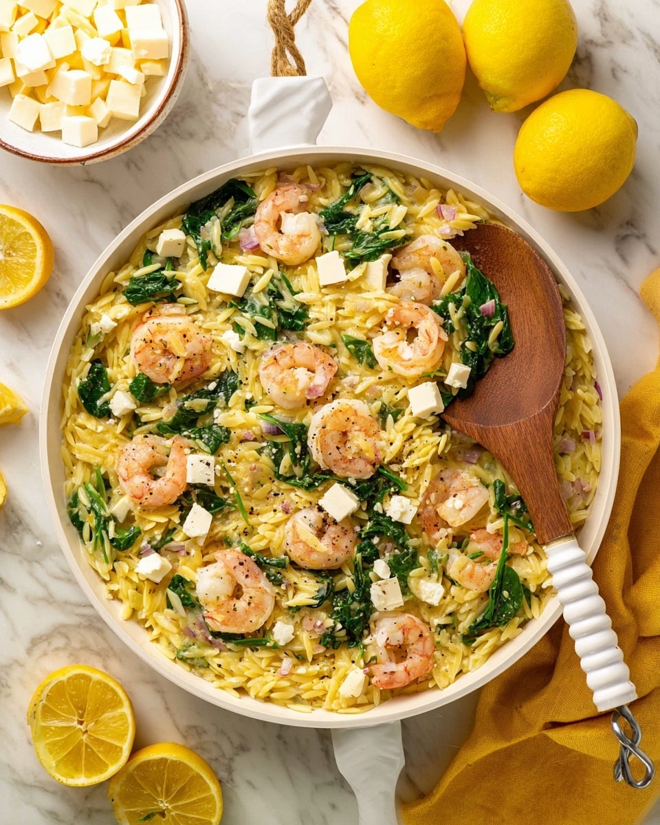 A large white bowl filled with a dish of yellow orzo pasta mixed with pink shrimp, dark green spinach leaves, and white cubes of cheese, all sprinkled with black pepper. The orzo is the main base layer, with shrimp and spinach spread evenly on top, along with the cheese cubes. A wooden spoon with a white twisted handle rests in the bowl, showing the contents inside. Around the bowl, there are whole yellow lemons and lemon slices on a white marbled surface, as well as a small white bowl filled with more cheese cubes and a folded yellow cloth. photo taken with an iphone --ar 4:5 --v 7