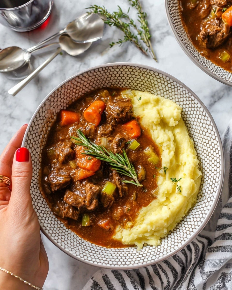 A bowl with a textured honeycomb pattern holds a dish with two main layers: a bottom layer of creamy, light yellow mashed potatoes, smooth in texture and spread to one side, and a top layer of rich brown beef stew with chunks of tender beef, bright orange carrot slices, and light green celery pieces in thick gravy. A sprig of fresh green rosemary rests on the mashed potatoes. The bowl is held by a woman's hand with red nail polish, placed on a white marbled surface next to silver utensils and a striped cloth napkin. Photo taken with an iphone --ar 4:5 --v 7