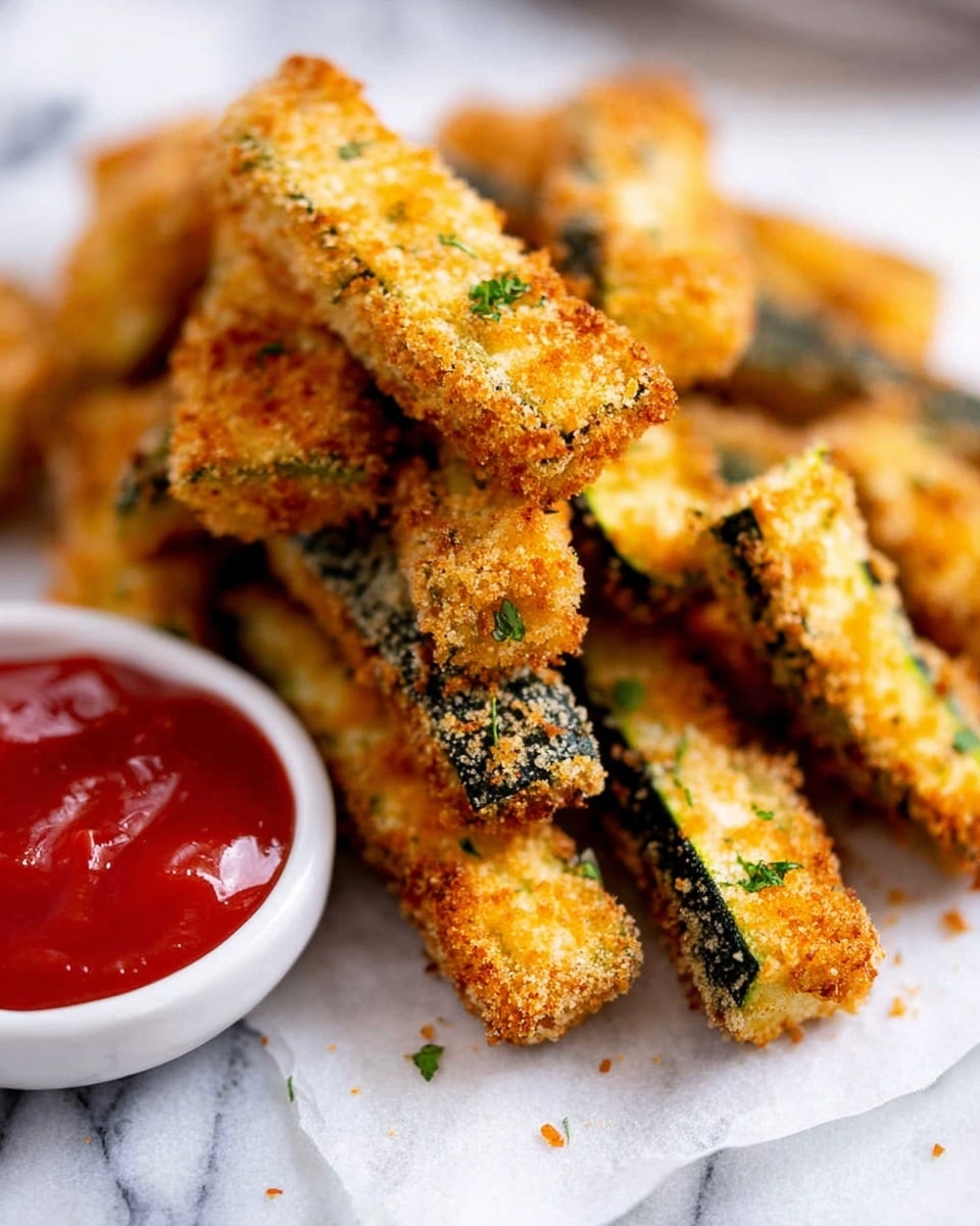 A pile of golden brown fried zucchini sticks with a crispy breadcrumb coating sits on a white marbled surface. The zucchini sticks are cut long and rectangular, showing a dark green skin peeking through under the crunchy coating. They are stacked in a casual heap with some green herbs sprinkled on top for color. In the bottom left corner, there is a small white bowl filled with bright red ketchup. The overall setting has soft, natural light and a shallow focus, highlighting the texture of the fried zucchini sticks. Photo taken with an iphone --ar 4:5 --v 7