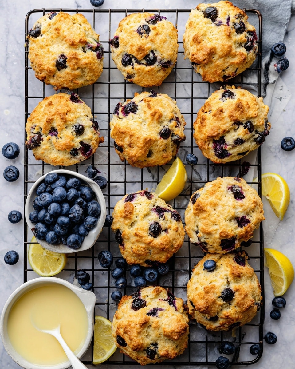 The image shows ten golden-brown blueberry scones placed on a black wire cooling rack over a white marbled surface. Each scone is irregularly round with a rough, crumbly texture and dotted with whole dark purple blueberries that stand out vividly. The scones are spaced irregularly, with some touching each other. To the right side of the rack, a small white bowl is filled with fresh, plump blueberries. Near the bottom left corner, a white bowl contains a light yellow glaze with a white spoon inside. Scattered around the rack and bowls are fresh lemon wedges and a few loose blueberries, adding a fresh touch to the scene. photo taken with an iphone --ar 4:5 --v 7